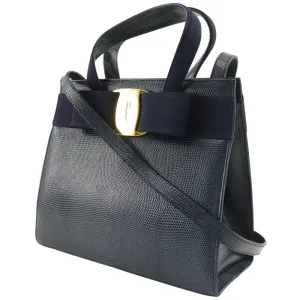 Salvatore Ferragamo Handbag BA21 4178 Embossed leather Navy blue 2WAYShoulder Vala Women Used