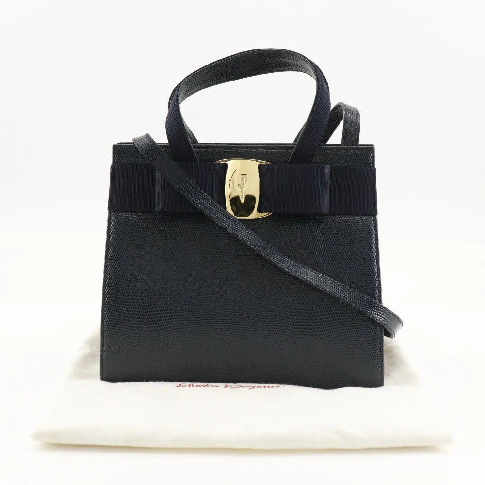 Salvatore Ferragamo Handbag BA21 4178 Embossed leather Navy blue 2WAYShoulder Vala Women Used