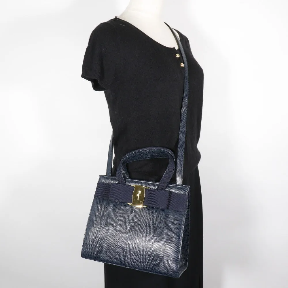 Salvatore Ferragamo Handbag BA21 4178 Embossed leather Navy blue 2WAYShoulder Vala Women Used