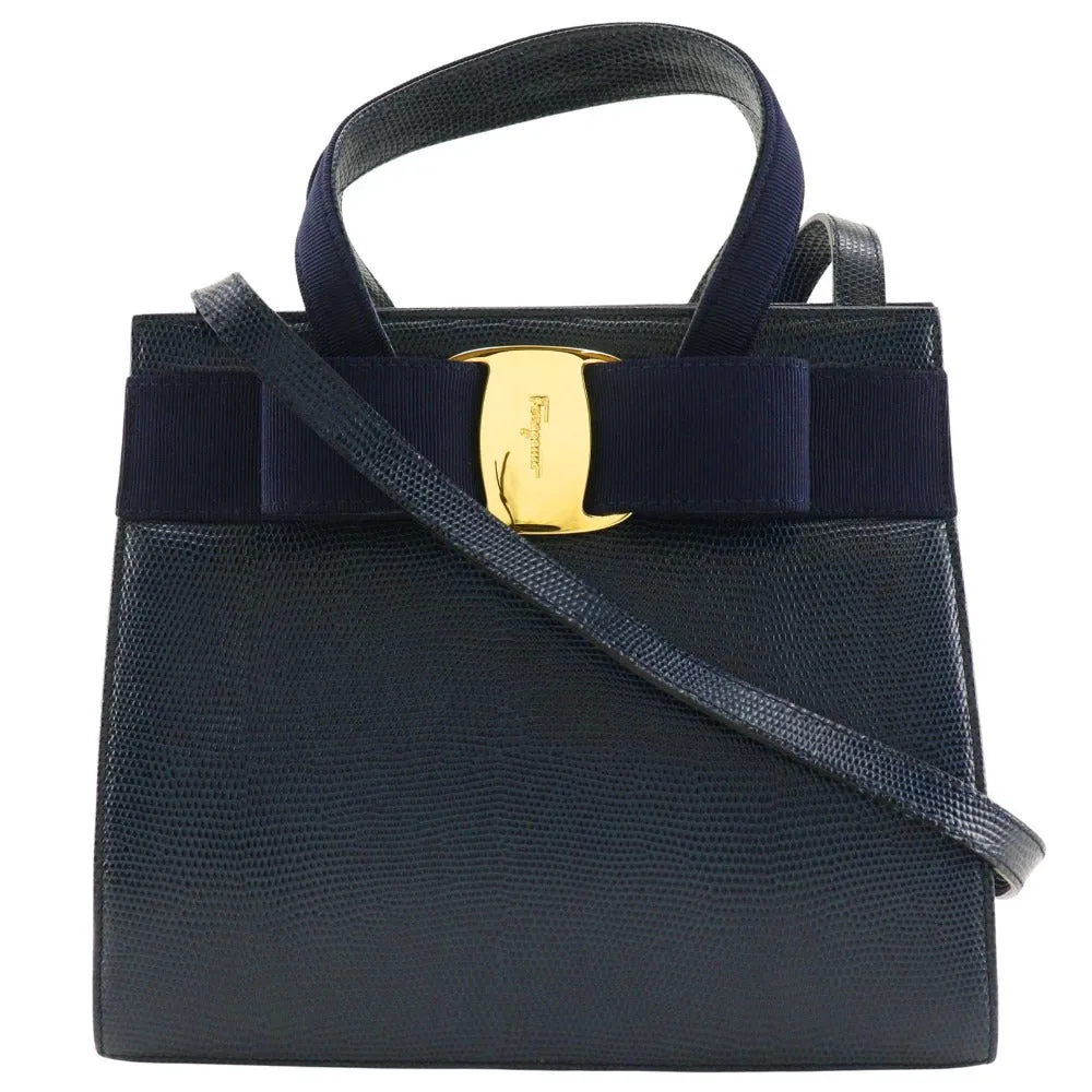Salvatore Ferragamo Handbag BA21 4178 Embossed leather Navy blue 2WAYShoulder Vala Women Used