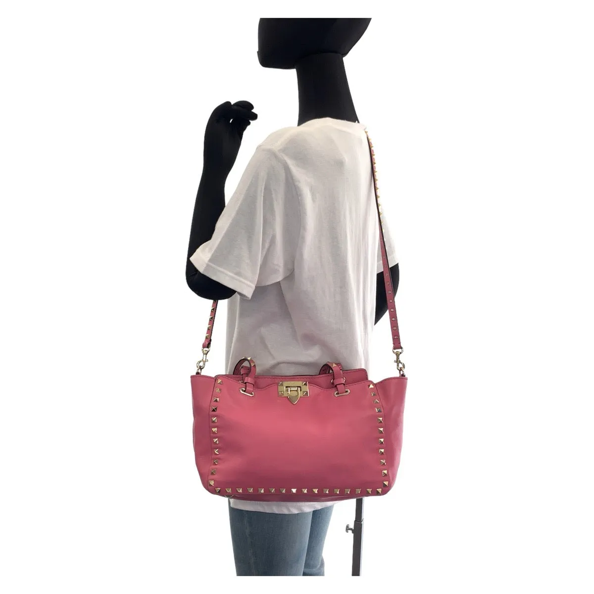 VALENTINO Handbag leather Pink Gold Metal Handbag Shoulder Bag 2way Rock studs Women Used
