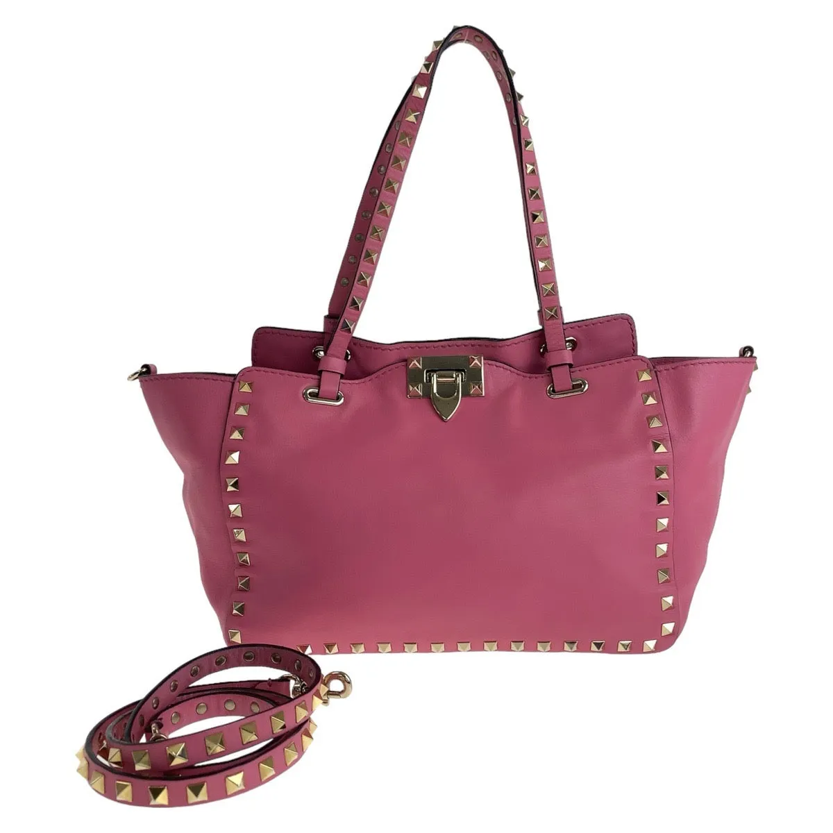 VALENTINO Handbag leather Pink Gold Metal Handbag Shoulder Bag 2way Rock studs Women Used
