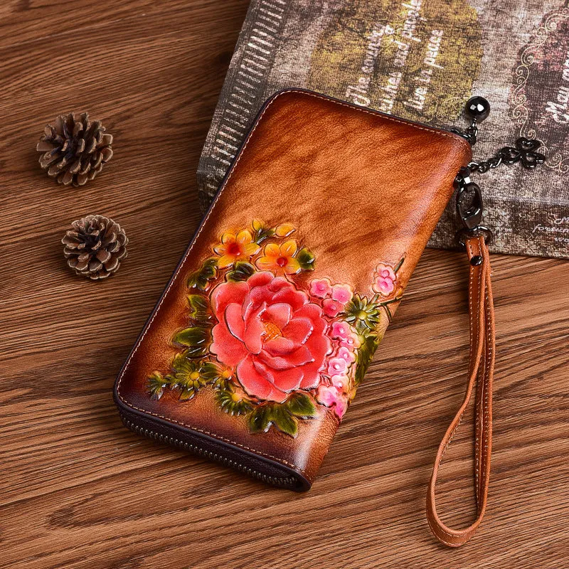 Vintage Flowers Leather Wristlet Wallet Womens Zip Around Wallets Flowers Ladies Zipper Clutch Wallet for Women