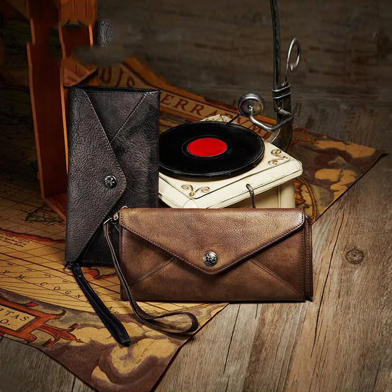 Vintage Leather Envelope Long Wallet for Women Wristlet Wallet