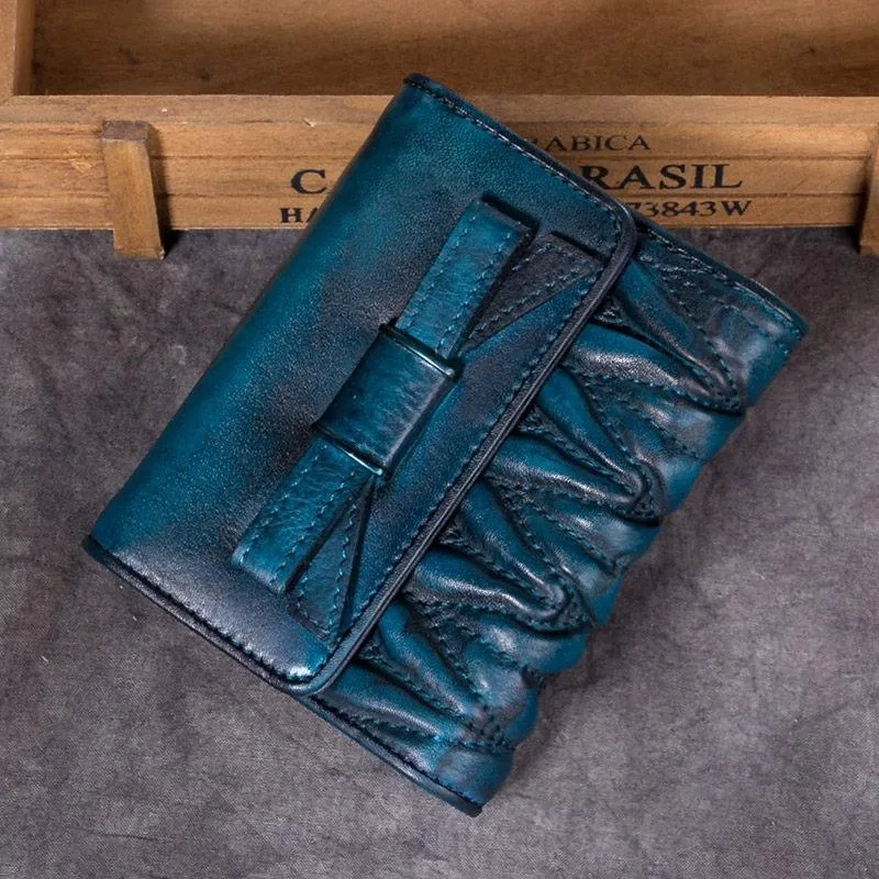 Vintage Womens Brown Leather Bowknot Cute Small Blue Wallet Trifold billfold Wallet for Ladies