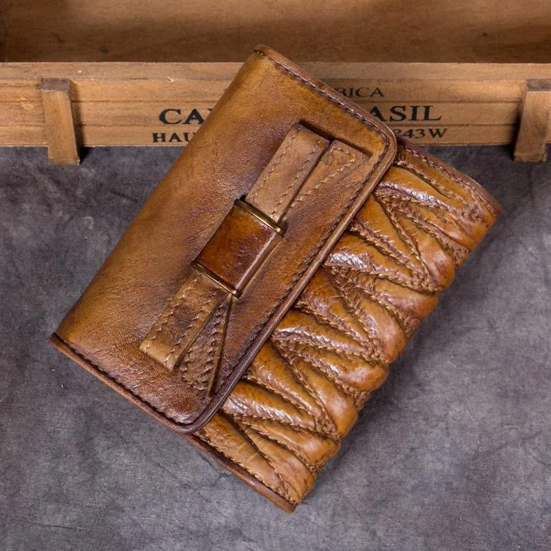 Vintage Womens Brown Leather Bowknot Cute Small Blue Wallet Trifold billfold Wallet for Ladies