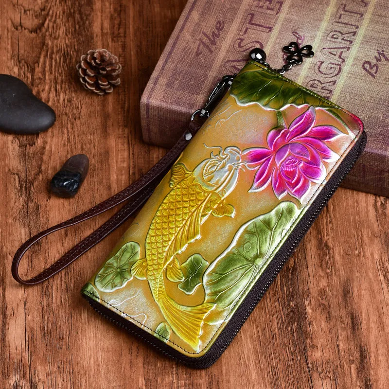 Womens Carp&Lotus Flower Black Leather Zip Around Wallet Wristlet Wallet Floral Ladies Zipper Clutch Wallet for Women