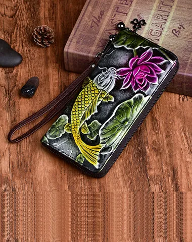 Womens Carp&Lotus Flower Black Leather Zip Around Wallet Wristlet Wallet Floral Ladies Zipper Clutch Wallet for Women