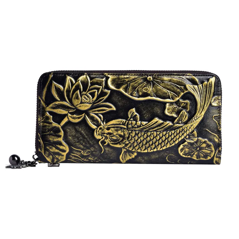 Womens Carp&Lotus Flower Leather Zip Around Wallet Wristlet Wallet Floral Ladies Zipper Clutch Wallet for Women