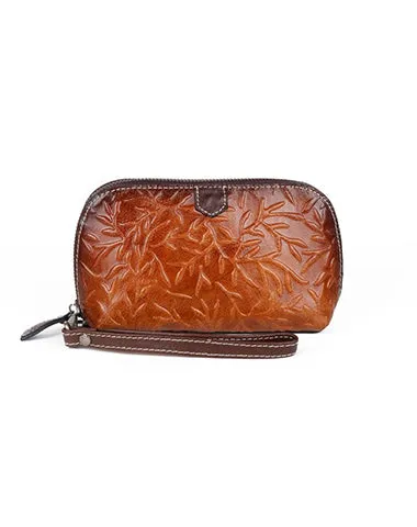 Womens Floral Green Leather Zip Around Wallets Wristlet Wallet Floral Ladies Zipper Clutch Wallet for Women