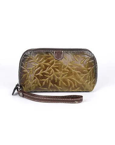 Womens Floral Green Leather Zip Around Wallets Wristlet Wallet Floral Ladies Zipper Clutch Wallet for Women