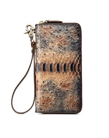 Womens Leather Zip Around Wallets Ostrich Pattern Wristlet Wallets Ladies Zipper Clutch Wallet for Women