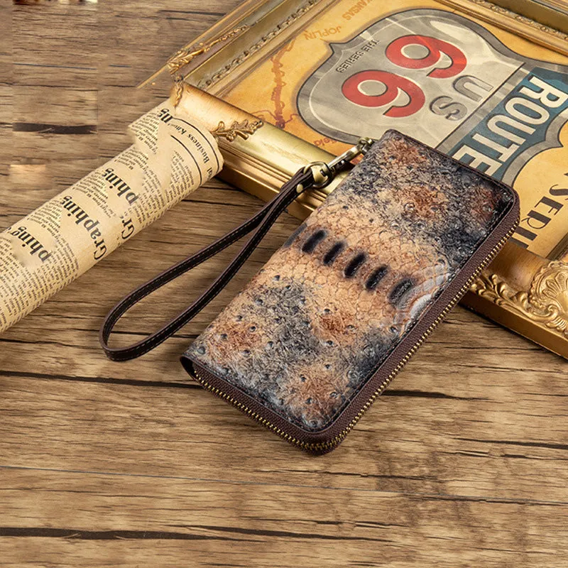 Womens Leather Zip Around Wallets Ostrich Pattern Wristlet Wallets Ladies Zipper Clutch Wallet for Women