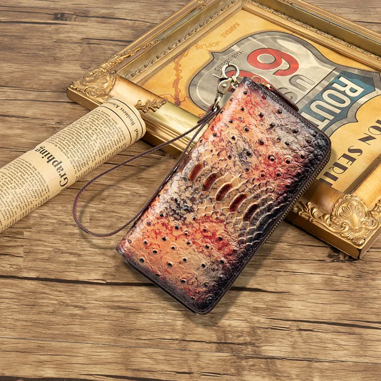 Womens Leather Zip Around Wallets Ostrich Pattern Wristlet Wallets Ladies Zipper Clutch Wallet for Women