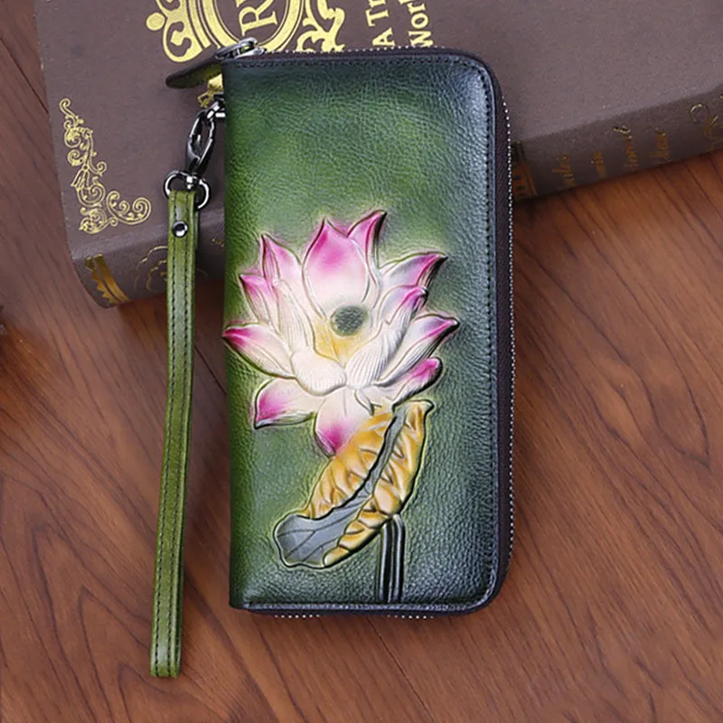 Womens Lotus Flower Coffee Leather Wristlet Wallets Zip Around Wallet Flower Ladies Zipper Clutch Wallet for Women