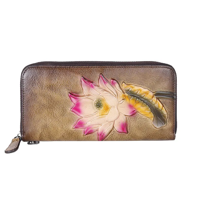 Womens Lotus Flower Coffee Leather Wristlet Wallets Zip Around Wallet Flower Ladies Zipper Clutch Wallet for Women