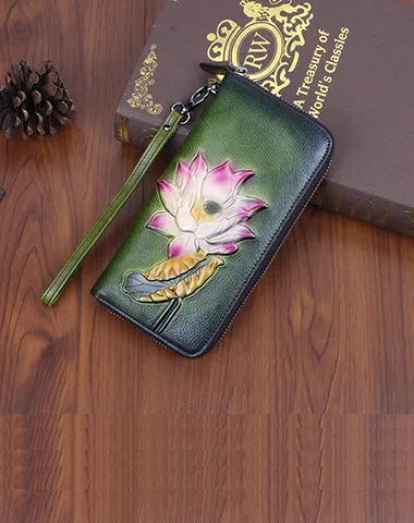 Womens Lotus Flower Coffee Leather Wristlet Wallets Zip Around Wallet Flower Ladies Zipper Clutch Wallet for Women