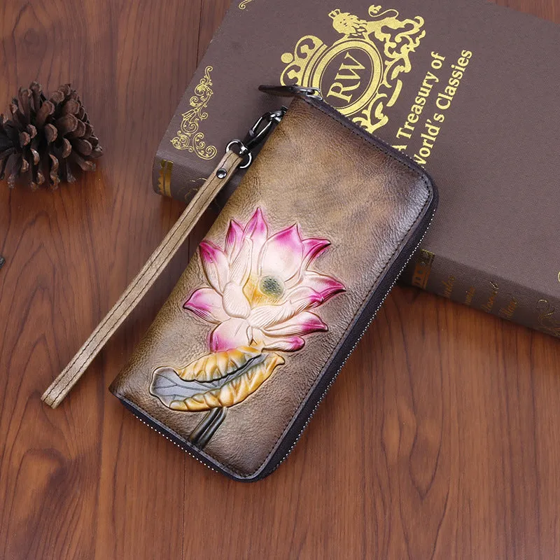 Womens Lotus Flower Coffee Leather Wristlet Wallets Zip Around Wallet Flower Ladies Zipper Clutch Wallet for Women