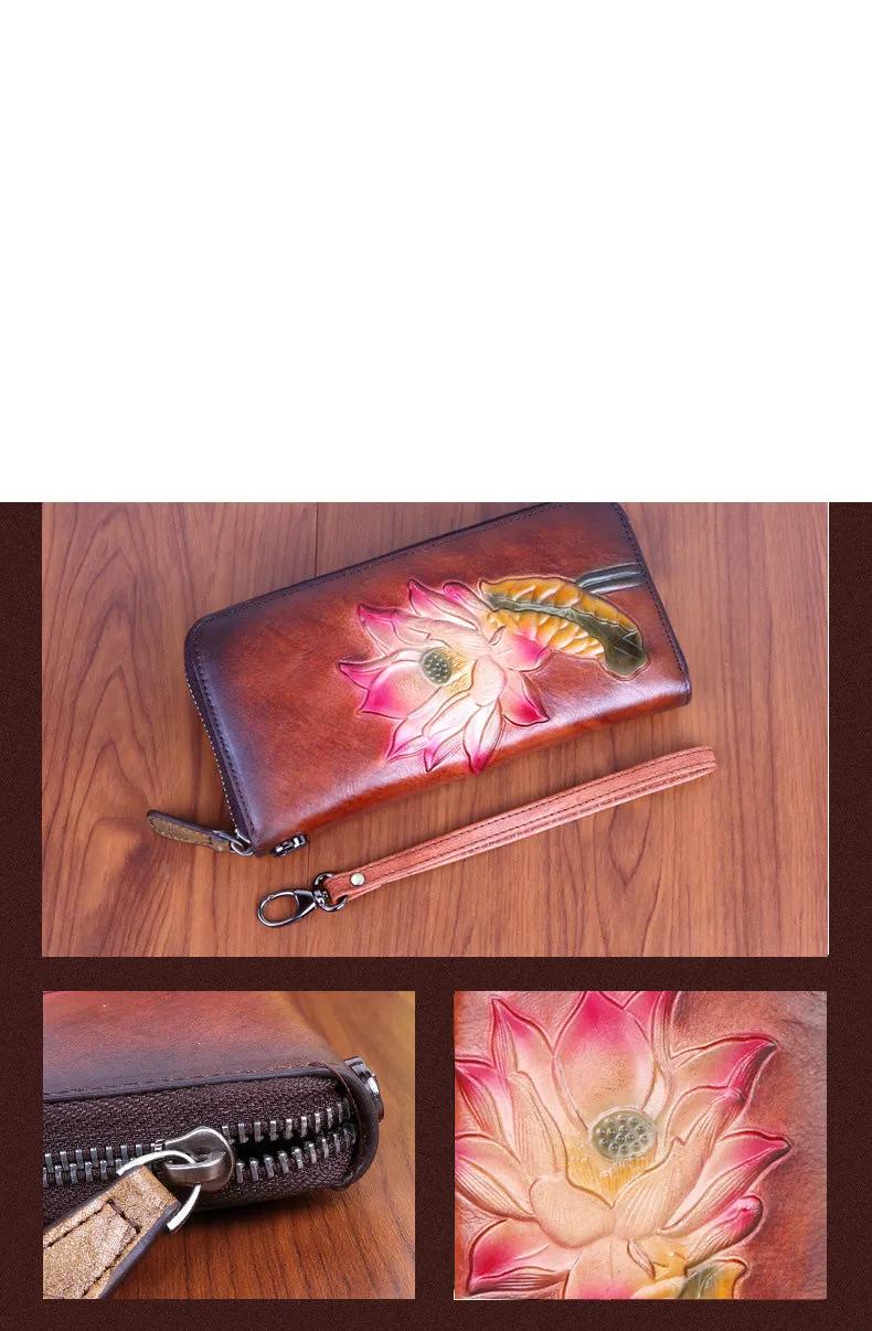 Womens Lotus Flower Coffee Leather Wristlet Wallets Zip Around Wallet Flower Ladies Zipper Clutch Wallet for Women