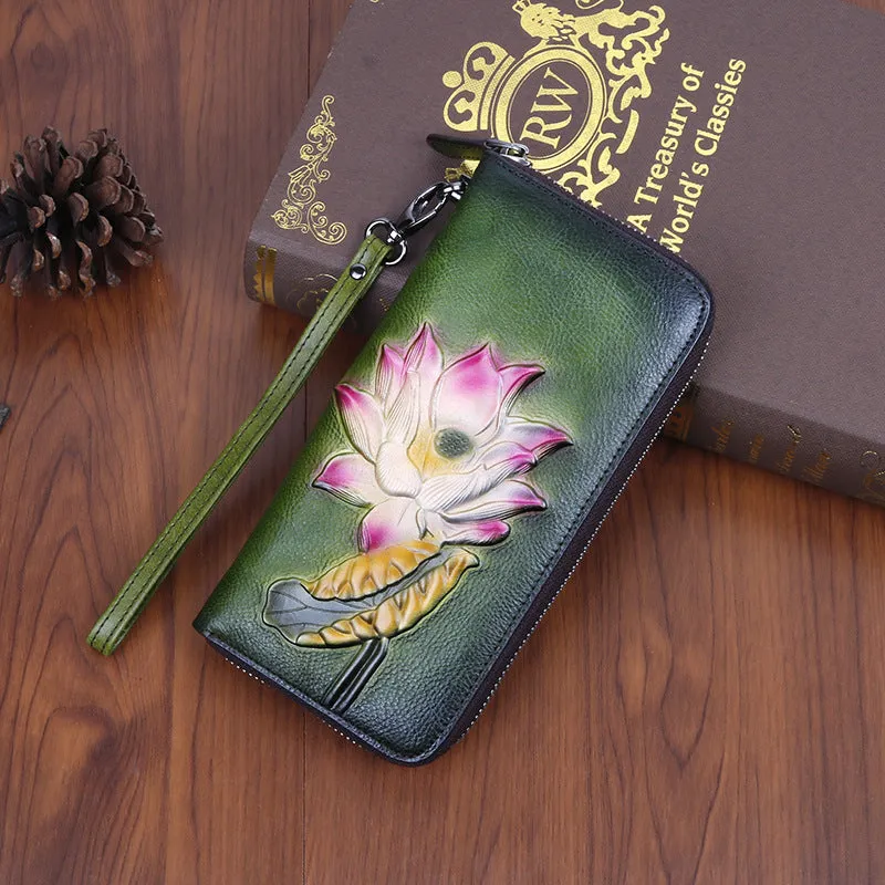 Womens Lotus Flower Coffee Leather Wristlet Wallets Zip Around Wallet Flower Ladies Zipper Clutch Wallet for Women