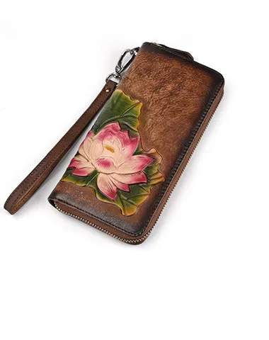 Womens Lotus Flower Leather Zip Around Wallet Wristlet Wallet Flower Ladies Zipper Clutch Wallet for Women
