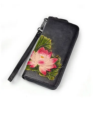 Womens Lotus Flower Leather Zip Around Wallet Wristlet Wallet Flower Ladies Zipper Clutch Wallet for Women