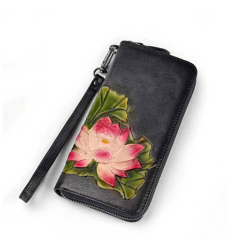 Womens Lotus Flower Leather Zip Around Wallet Wristlet Wallet Flower Ladies Zipper Clutch Wallet for Women