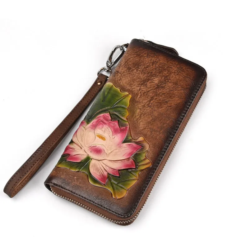 Womens Lotus Flower Leather Zip Around Wallet Wristlet Wallet Flower Ladies Zipper Clutch Wallet for Women