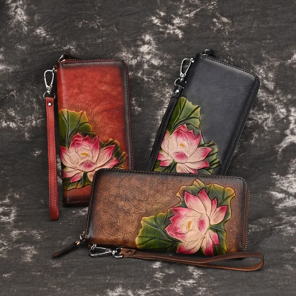 Womens Lotus Flower Leather Zip Around Wallet Wristlet Wallet Flower Ladies Zipper Clutch Wallet for Women