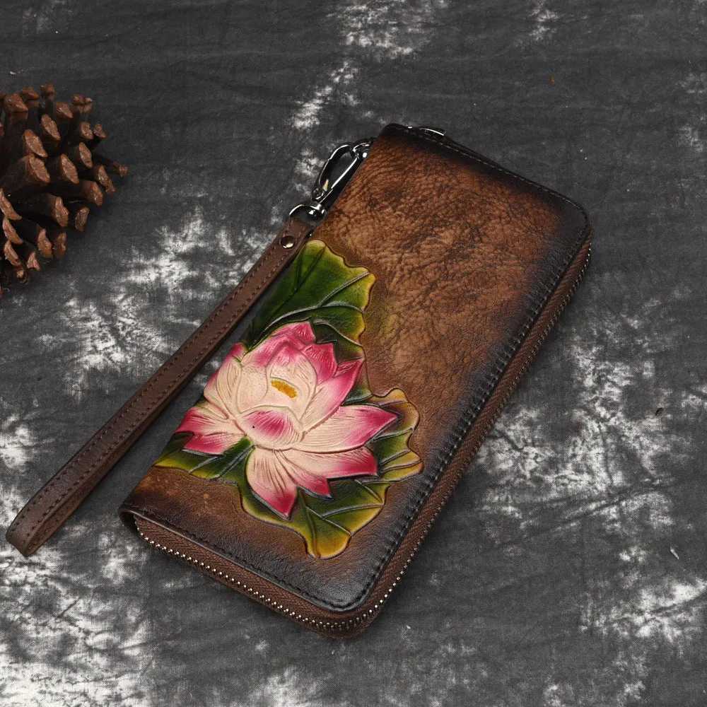 Womens Lotus Flower Leather Zip Around Wallet Wristlet Wallet Flower Ladies Zipper Clutch Wallet for Women