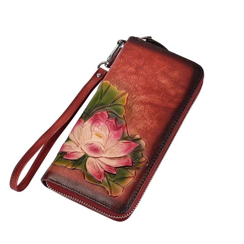 Womens Lotus Flower Leather Zip Around Wallet Wristlet Wallet Flower Ladies Zipper Clutch Wallet for Women