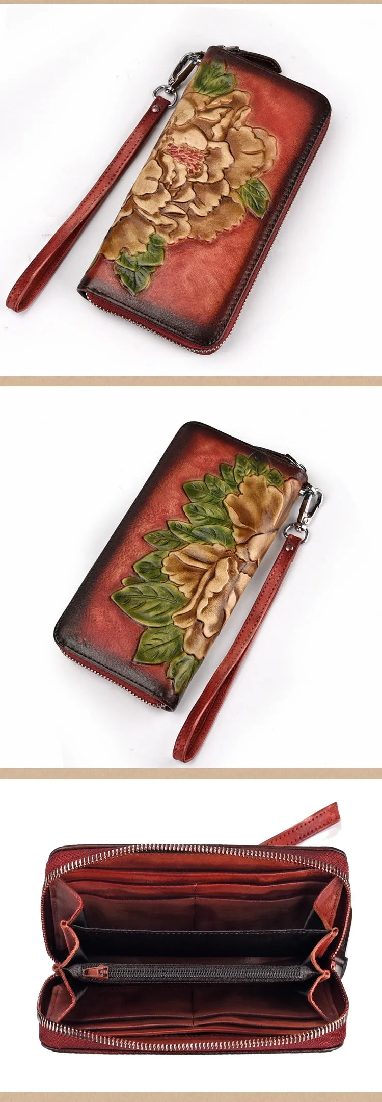 Womens Peony Flower Red Leather Wristlet Wallet Zip Around Wallets Floral Ladies Zipper Clutch Wallet for Women