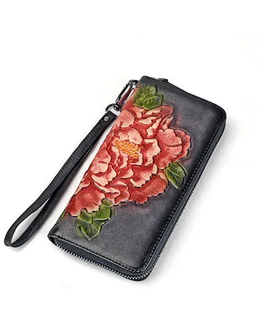 Womens Peony Flower Red Leather Wristlet Wallet Zip Around Wallets Floral Ladies Zipper Clutch Wallet for Women