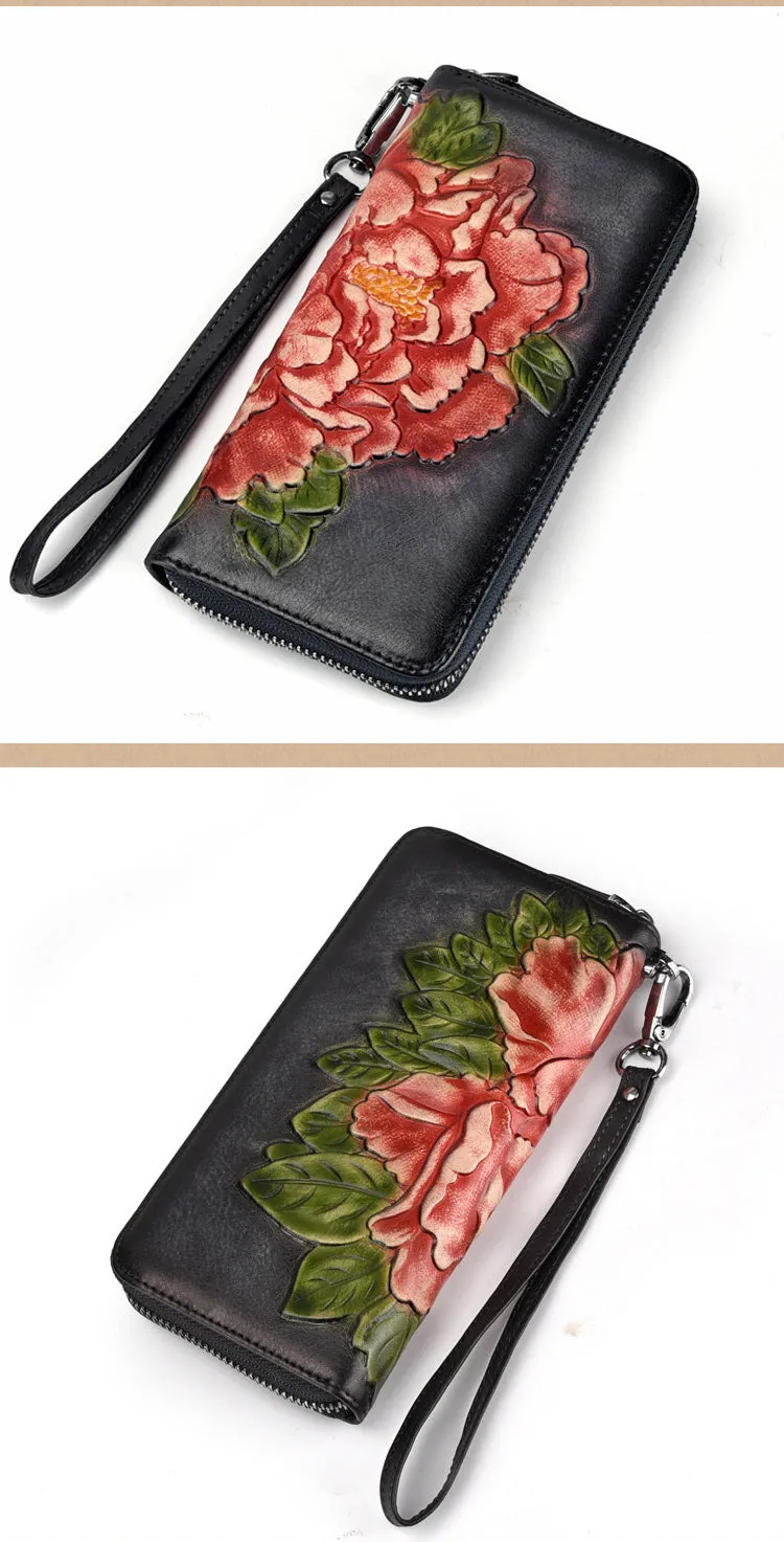 Womens Peony Flower Red Leather Wristlet Wallet Zip Around Wallets Floral Ladies Zipper Clutch Wallet for Women