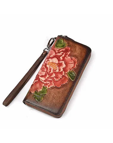 Womens Peony Flower Red Leather Wristlet Wallet Zip Around Wallets Floral Ladies Zipper Clutch Wallet for Women