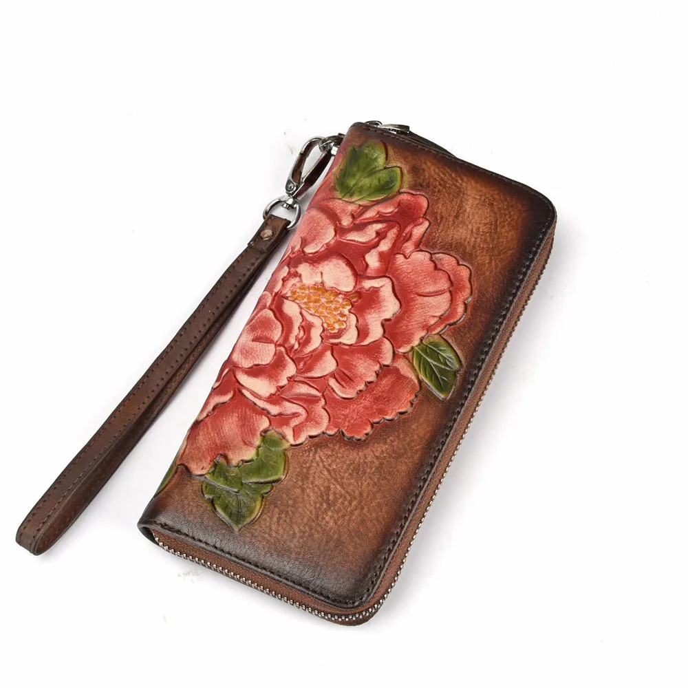 Womens Peony Flower Red Leather Wristlet Wallet Zip Around Wallets Floral Ladies Zipper Clutch Wallet for Women