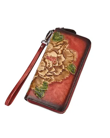 Womens Peony Flower Red Leather Wristlet Wallet Zip Around Wallets Floral Ladies Zipper Clutch Wallet for Women