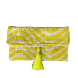 Women's Silk Velvet Ikat Clutch In Yellow